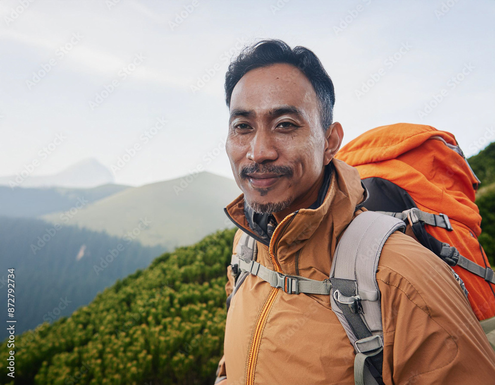 Naklejka premium Solo Hiker on Mountain Trail: One Man Exploring Nature