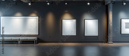 Contemporary gallery with blank white frames on a dark grey wall, featuring museum lighting and an empty seating bench.
