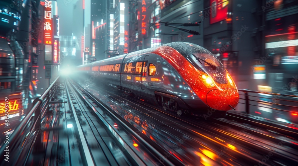 Obraz premium Futuristic High-Speed Train in Cyberpunk City - Generative AI