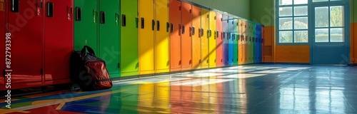 Colorful School Lockers With Backpack In A Bright Hallway