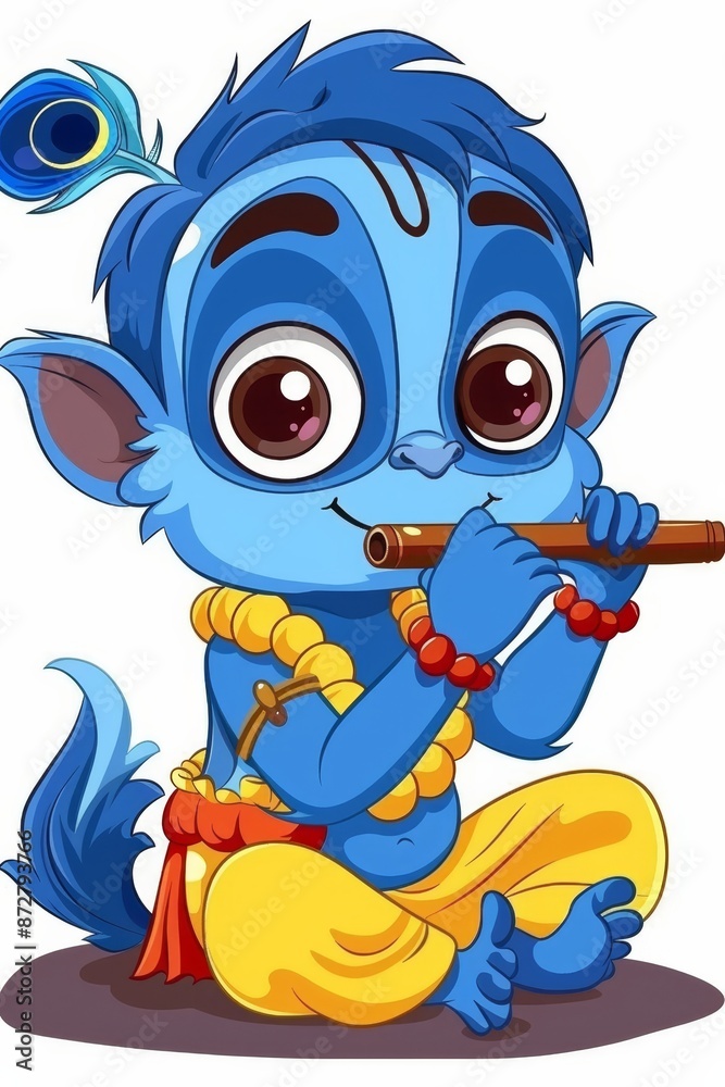 Obraz premium A cartoon character in blue sits on the ground, holding a flute Above him floats a feather