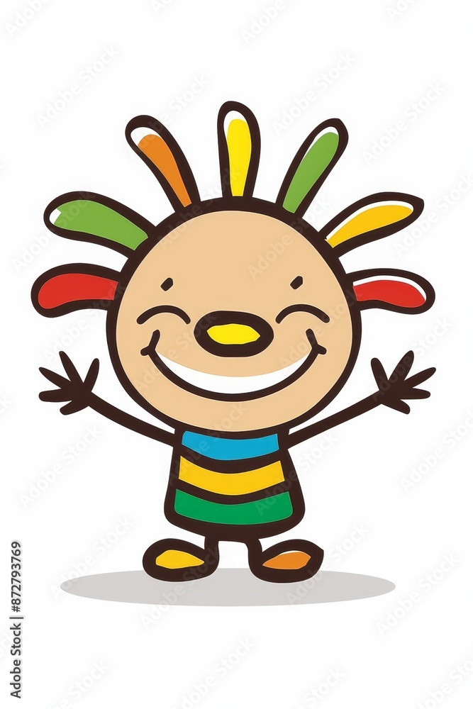 A cheerful cartoon character with vibrant multi-colored hair raises hands high, smiling A cheerful cartoon character with vibrant multi-colored hair raises hands high, smiling