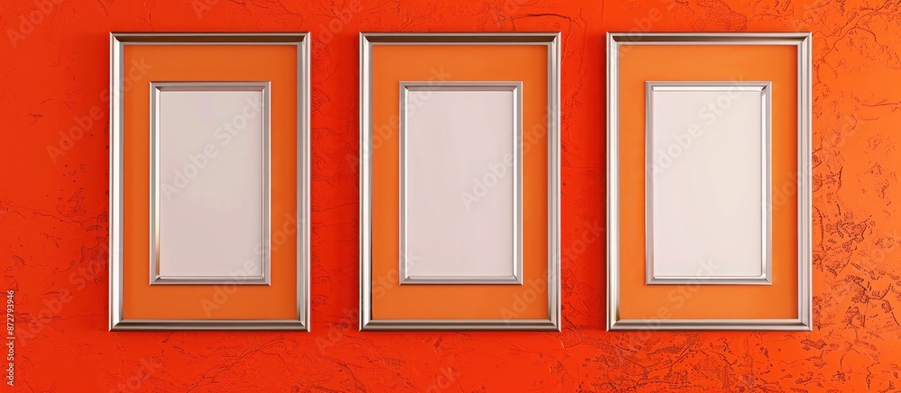 Avant-garde gallery mockup with three silver frames on a vibrant orange wall background. Avant-garde gallery mockup with three silver frames on a vibrant orange wall background.