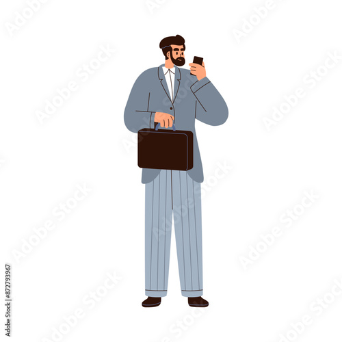 Man in business suit with briefcase and mobile phone. Office worker, employee speaking on smartphone. Businessman, professional executive officer. Flat vector illustration isolated on white background