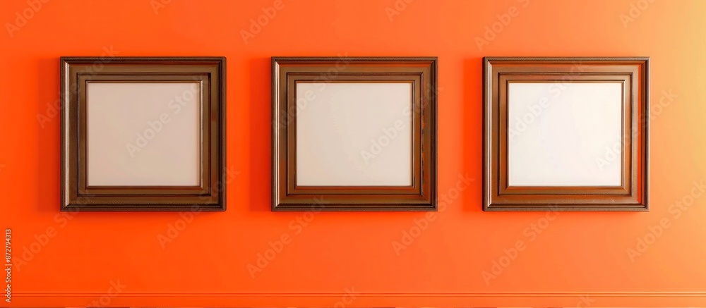 Avant-garde gallery mockup with three bronze frames on a bright orange wall background. Avant-garde gallery mockup with three bronze frames on a bright orange wall background.