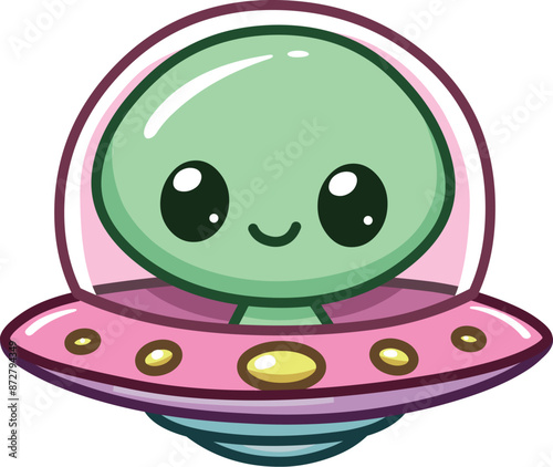 Smiling alien on the front of a UFO spaceship in a kawaii style