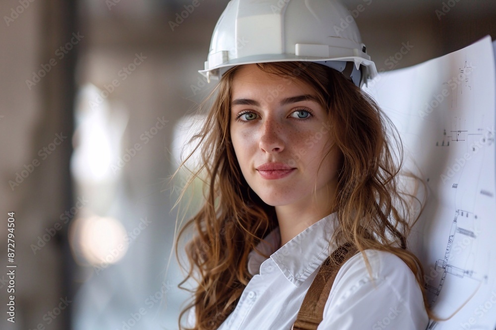A skilled female architect, dressed in a white shirt and hard hat, confidently holds building plans in her hands, showcasing her expertise and professionalism in a dynamic construction environment.
A skilled female architect, dressed in a white shirt and hard hat, confidently holds building plans in her hands, showcasing her expertise and professionalism in a dynamic construction environment.