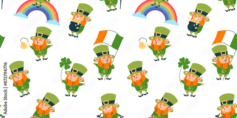 Naklejka premium Vector seamless pattern with a leprechaun in a hat holds a beer, a gold, a clover