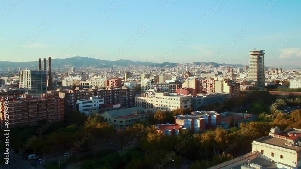Aerial view of Barcelona from the Port Cable Car. The district of Poble Sec in the foreground. Barcelona, Catalonia, Spain. Aerial view of Barcelona from the Port Cable Car. The district of Poble Sec in the foreground. Barcelona, Catalonia, Spain.