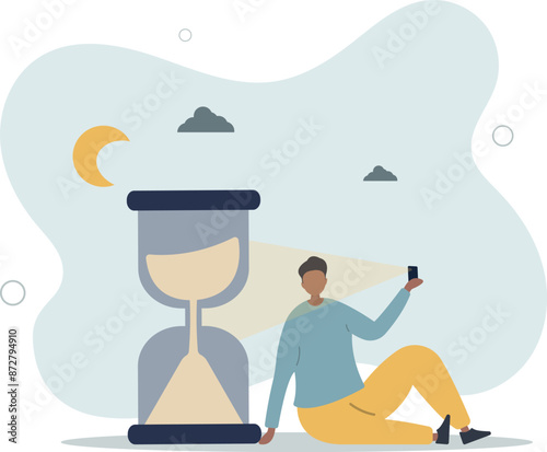 Screen time, doom scrolling or wasted time using smartphone, staying late night with mobile addiction concept.flat design.illustration with people.