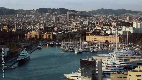 Aerial view of the Port Vell of Barcelona from the Teleferico of the port. Catalonia, Spain.
