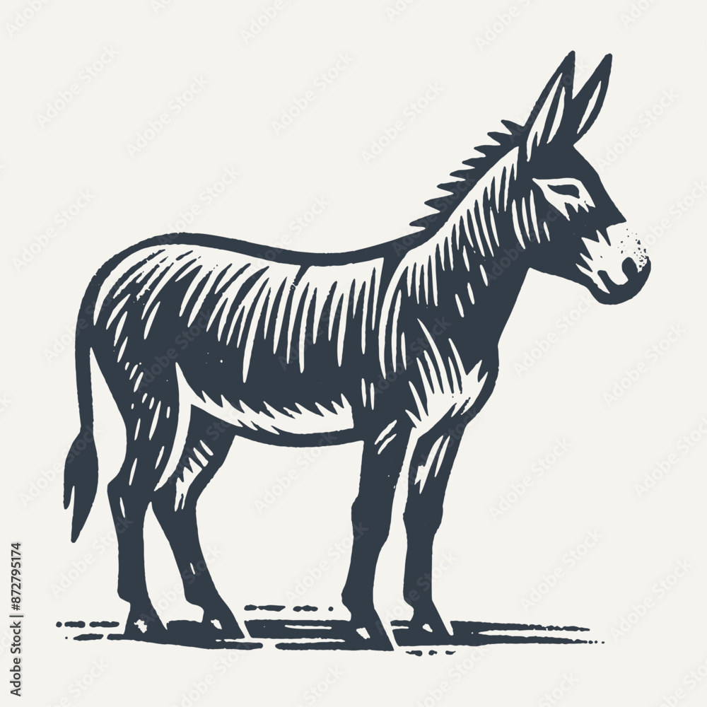 Fototapeta premium Donkey. Rough wood block print style vector illustration.