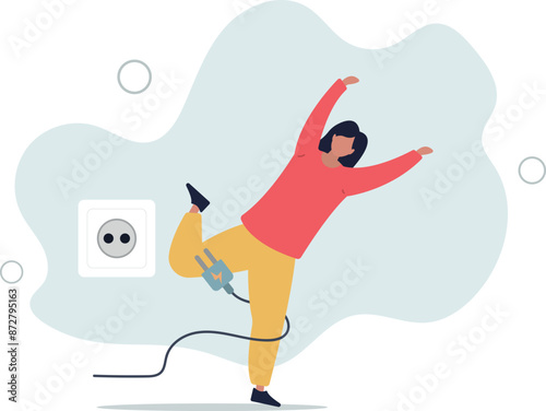 clumsy businesswoman stumble with power cable electric plug falling on the floor.flat design.illustration with people.