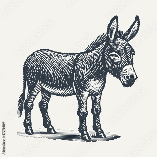 Donkey. Rough wood block print style vector illustration.