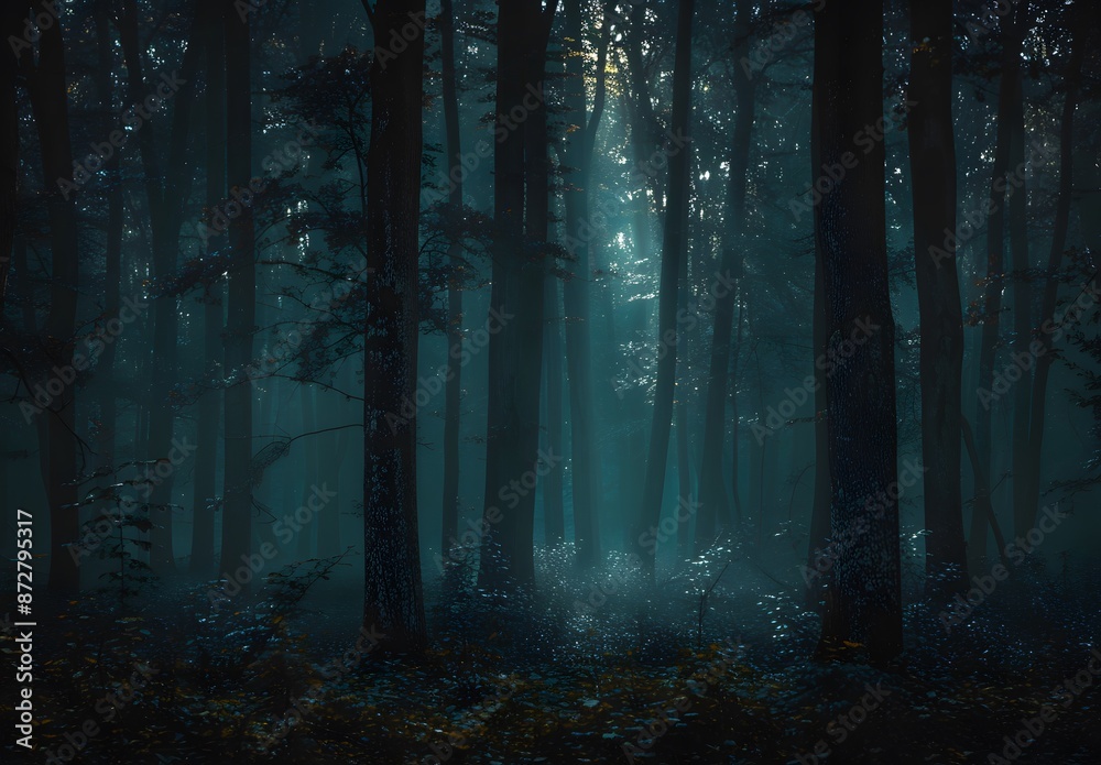Eerie Foggy Forest at Night with Light Eerie Foggy Forest at Night with Light