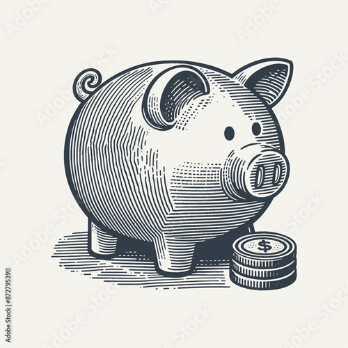 Piggy Bank. Vintage woodcut engraving style vector illustration.