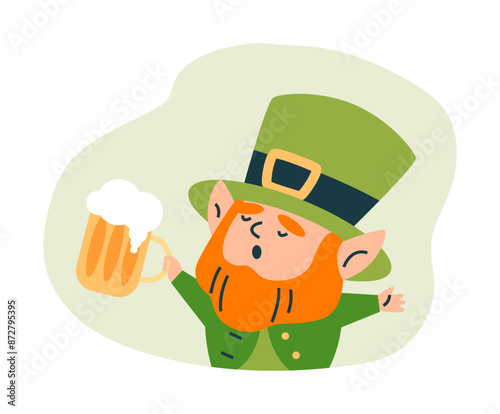Vector for St. Patrick's Day, a leprechaun character holds a beer and sings