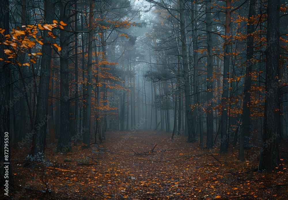 Mysterious Foggy Forest Path in Autumn Mysterious Foggy Forest Path in Autumn