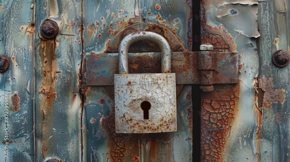Locked hanging padlock on rusty garage door symbolizes confidential secrets Locked hanging padlock on rusty garage door symbolizes confidential secrets