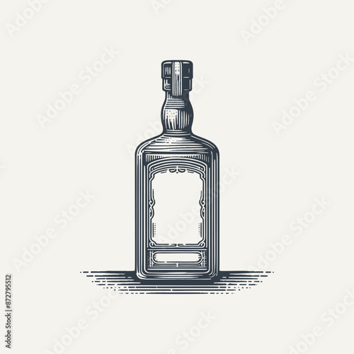 Whisky Bottle With Blank Label. Vintage woodcut engraving style vector illustration.