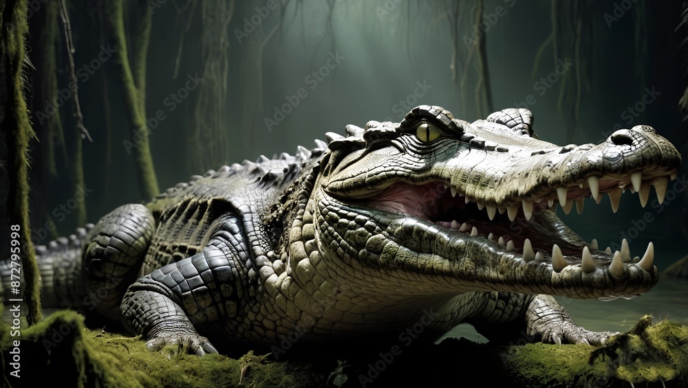 Fototapeta premium alligator in the everglades 3d painting of a menacing crocodile coming out of the water in the moonlit eyes gleam with malice and its teeth are bared in an aggressive 