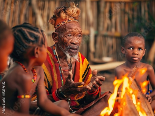 Tribal elder telling stories to a group of children around a fire, the oral traditions and cultural heritage of storytelling in African communities emphasized 