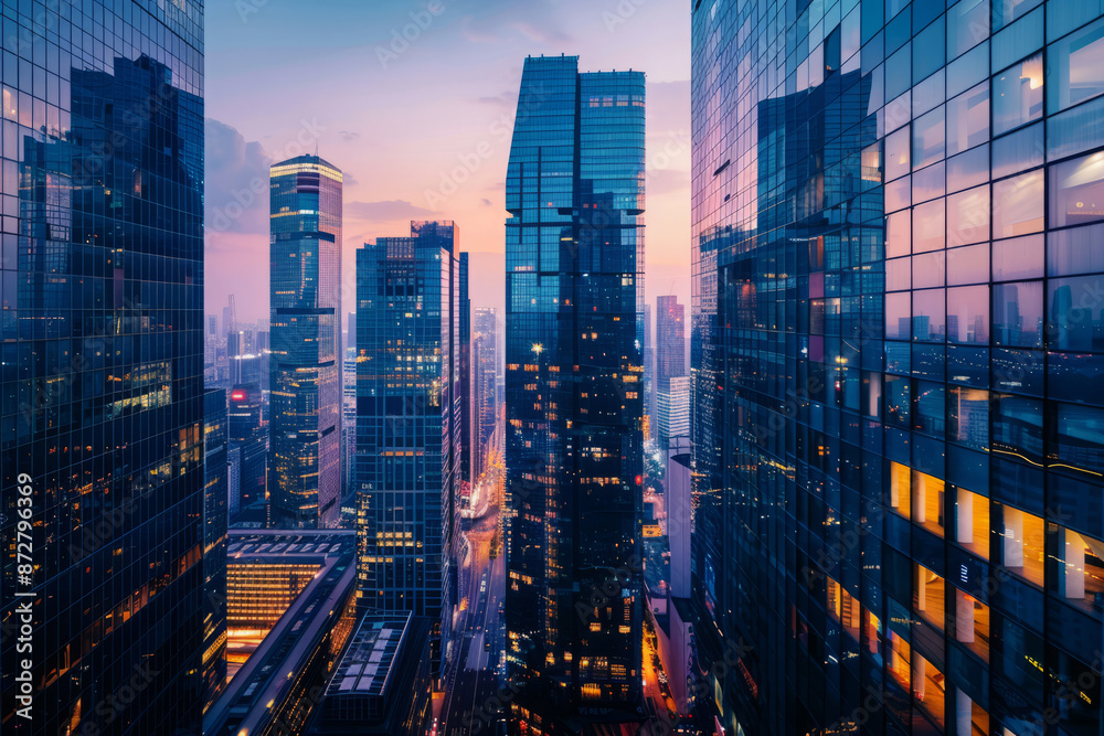 Obraz premium Aerial view of vibrant cityscape with illuminated skyscrapers against dramatic sunset sky. Office buildings in downtown and glowing city streets in the night. Nightlife of modern metropolis