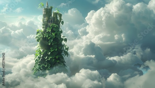beanstalk rising into clouds with giant palace in distance