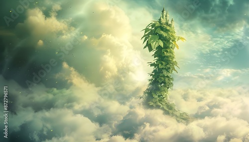 beanstalk rising into clouds with giant palace in distance
