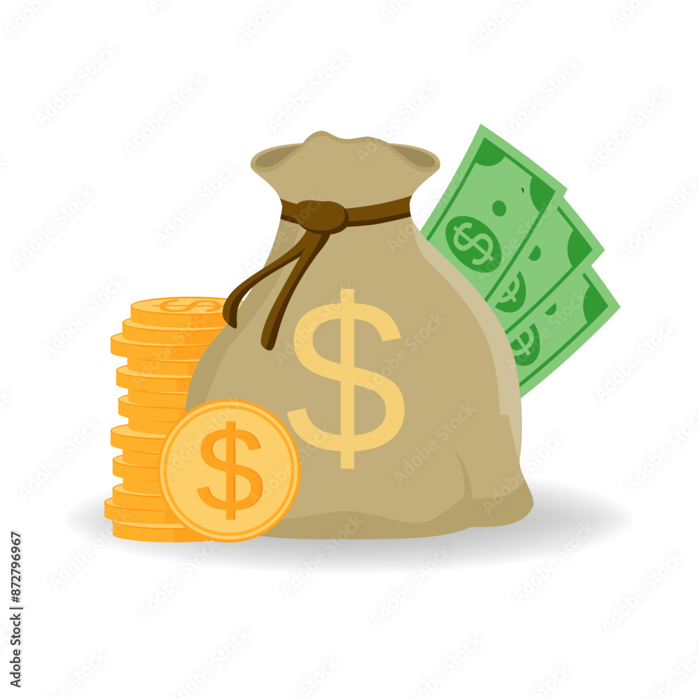 Money bag with gold coins and dollar banknotes. Bag of money with dollar sign. Bundles of banknotes and pile coins. Cash money