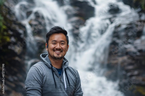 Portrait of a satisfied asian man in his 20s wearing a zip-up fleece hoodie isolated on backdrop of a spectacular waterfall