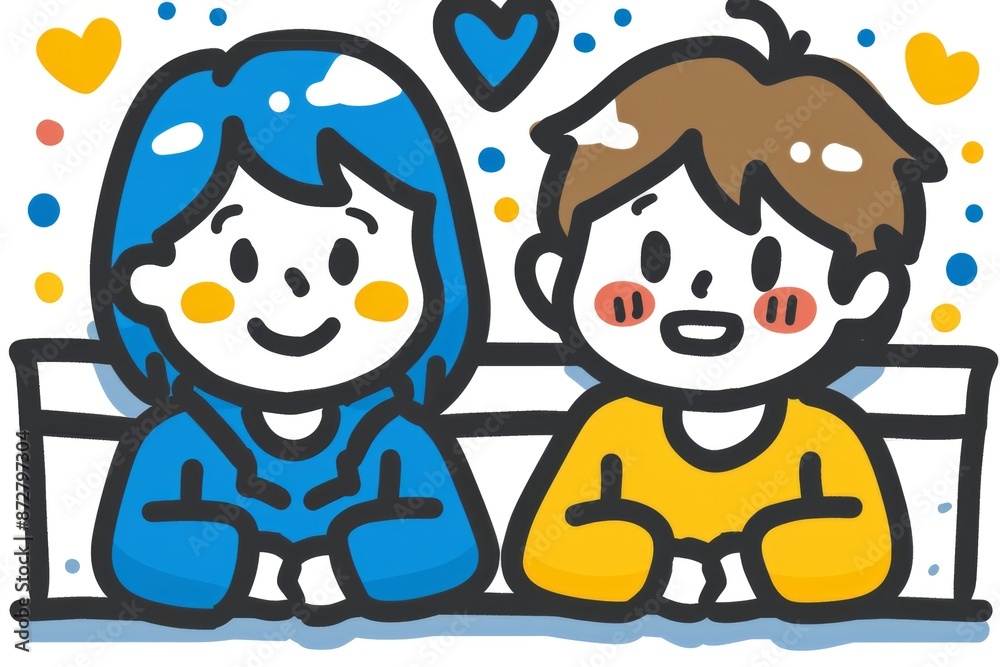 Obraz premium Cute illustration of a boy and girl with hearts symbolizing love and friendship