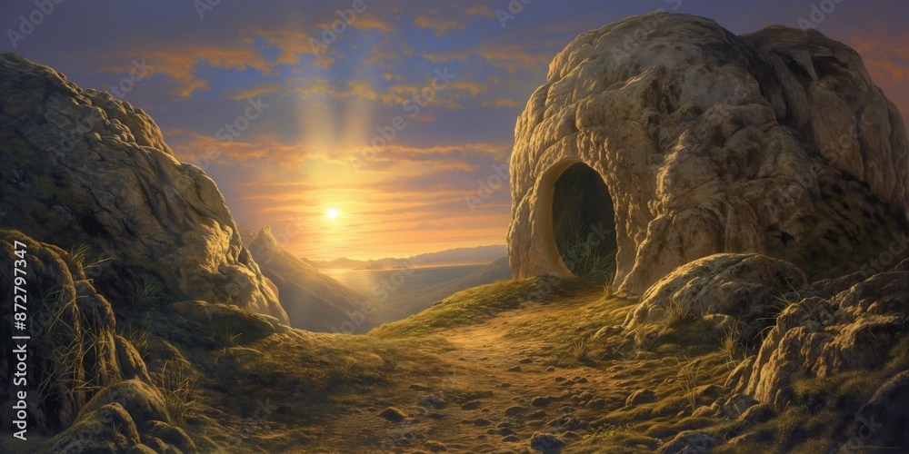 Jesus rising from the empty tomb, light emanating from Him, with a ...