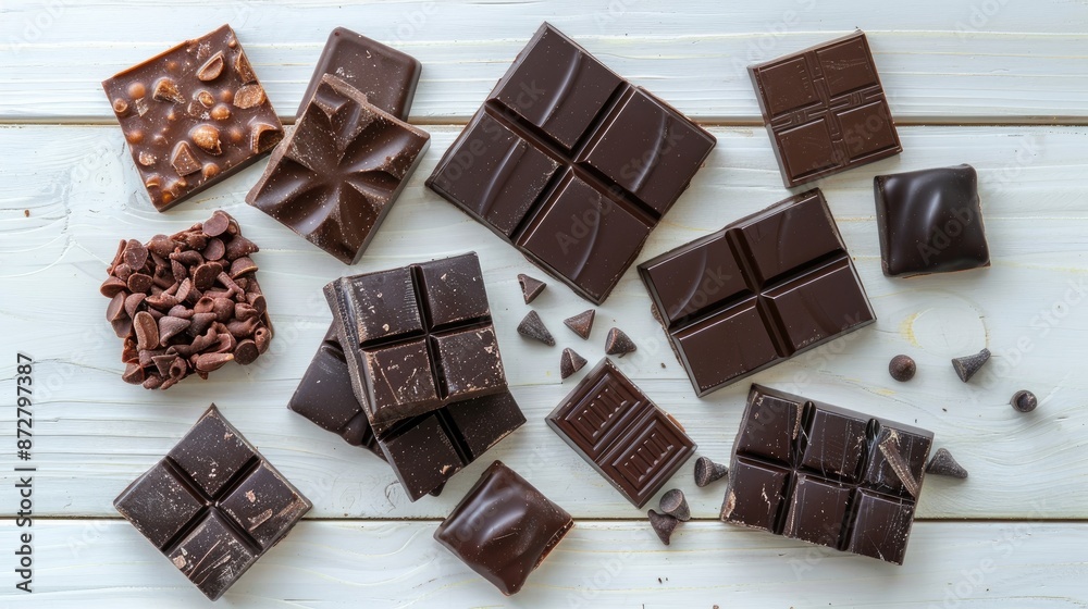 Dark and milk chocolates displayed on white wooden table Dark and milk chocolates displayed on white wooden table