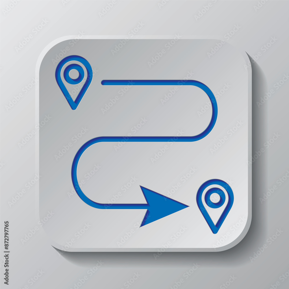 Route icon vector. Flat design. Paper cut design. Cutted blue symbol with shadow. Gray badge button, gray background Route icon vector. Flat design. Paper cut design. Cutted blue symbol with shadow. Gray badge button, gray background
