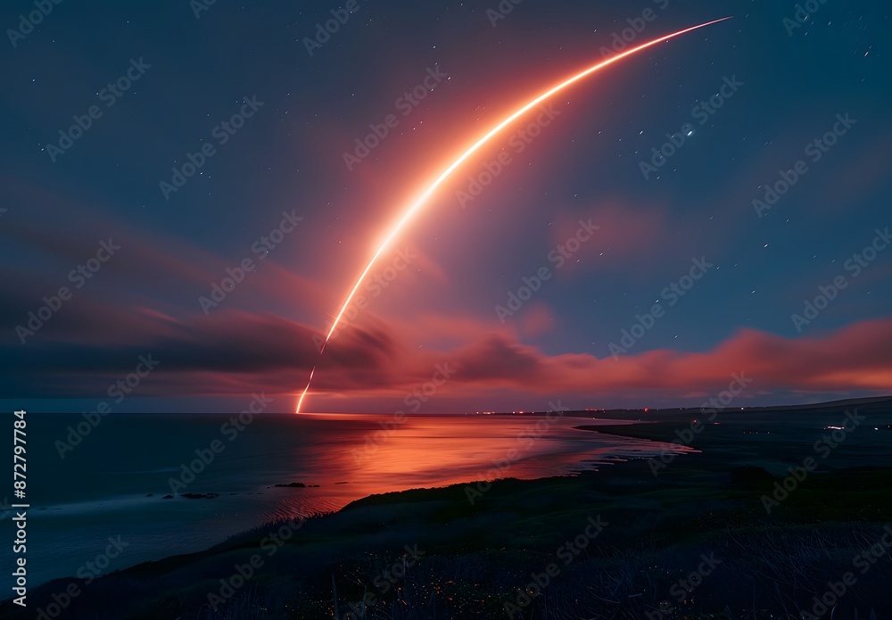 Rocket Launch Trail Over Coastal Night Sky Rocket Launch Trail Over Coastal Night Sky