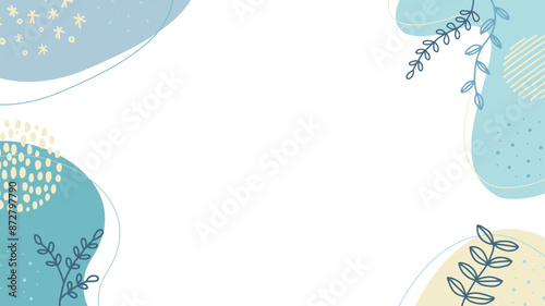 ナチュラルな寒色形の抽象的フレーム　葉っぱと手書きの丸　シェイプ