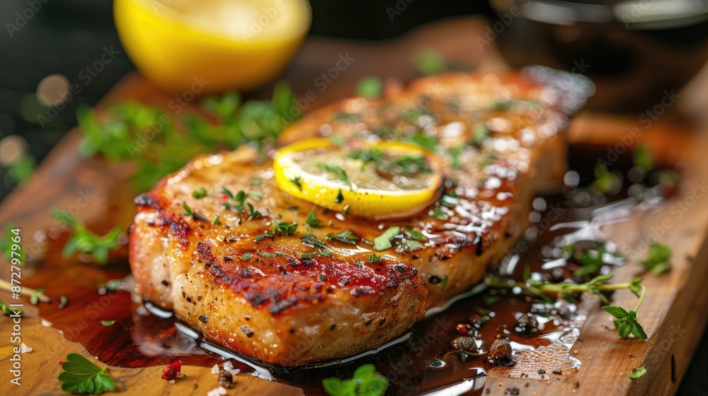 Pork Cutlet Garnished with Herbs Lemon and Sauce on Wooden Platter Pork Cutlet Garnished with Herbs Lemon and Sauce on Wooden Platter
