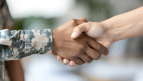 Soldier and civilian shaking hands on blurred background photo