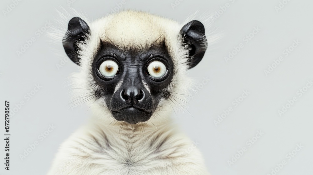 Young Crowned Sifaka at 1 year old posed in a studio against a plain white backdrop