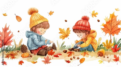 watercolor kindergarten activities with children exploring autumn leaves and acorns High quality vector illustration, realistic