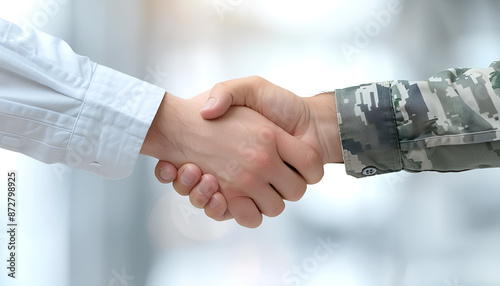 Soldier and civilian shaking hands on blurred background