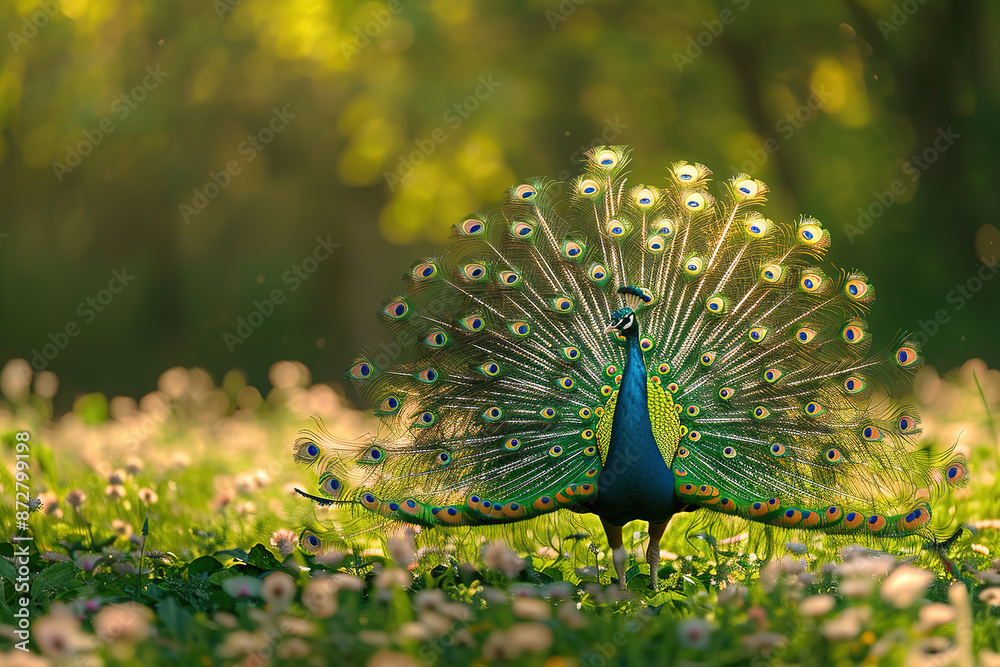 Obraz premium a peacock in a green field. few flowers. evening time. peacock dancing with feathers open.