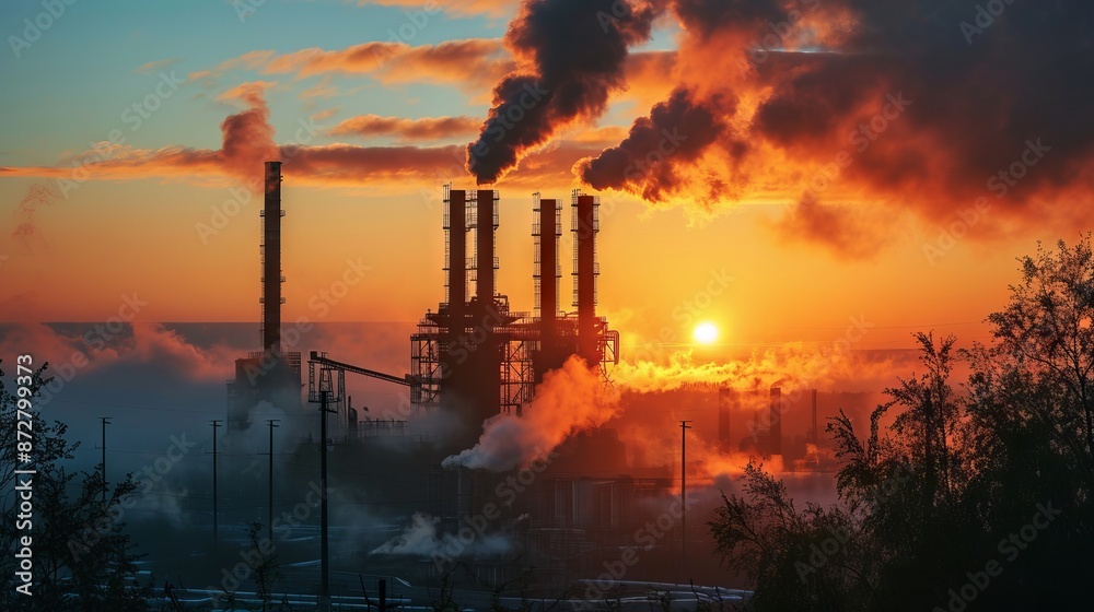 A factory with smoke billowing from its chimneys against a vibrant sunset, symbolizing industrial pollution amidst natural beauty. A factory with smoke billowing from its chimneys against a vibrant sunset, symbolizing industrial pollution amidst natural beauty.