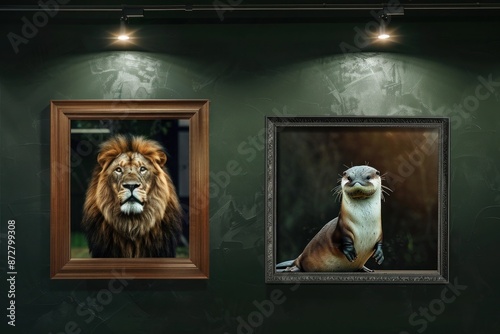 A stylish office with a dark green wall adorned with two frames: one with a regal lioness and the other with a playful otter, both under bright spotlights. photo