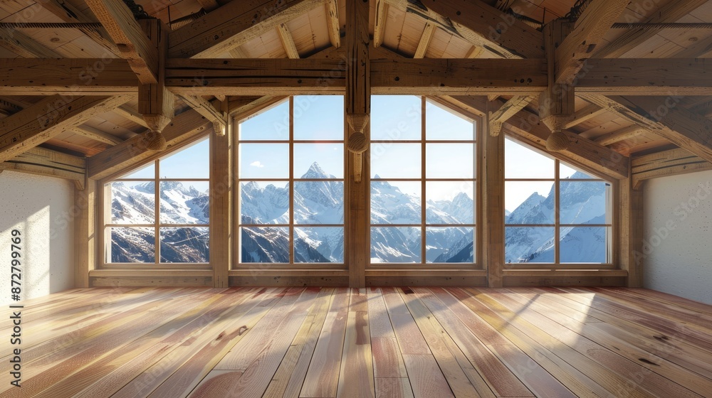 Empty room with wood beams and big windows with Swiss Alps view No one present Empty room with wood beams and big windows with Swiss Alps view No one present