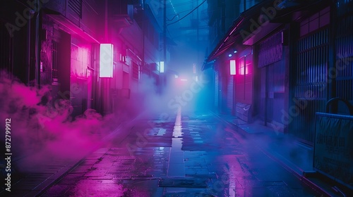 A dark street, bathed in neon pink and blue lights, with night smog swirling around. Minimalistic, ultra HD quality.