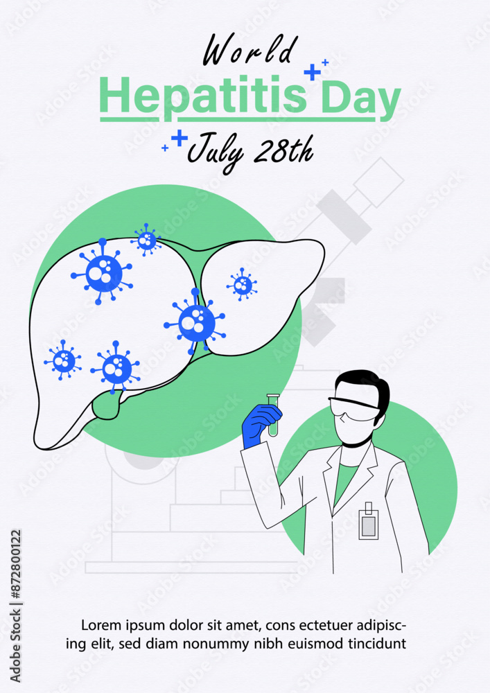 Concept of world hepatitis's day campaign's poster with human with symbols of virus on liver and science working of doctor, wording of event in flat style and vector design Concept of world hepatitis's day campaign's poster with human with symbols of virus on liver and science working of doctor, wording of event in flat style and vector design