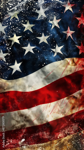 A weathered and faded American flag hangs vertically. It shows signs of wear and tear, with faded colors and texture.