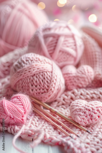 Soft pink knitting wool, needles, and crocheted hearts, capturing loving craft